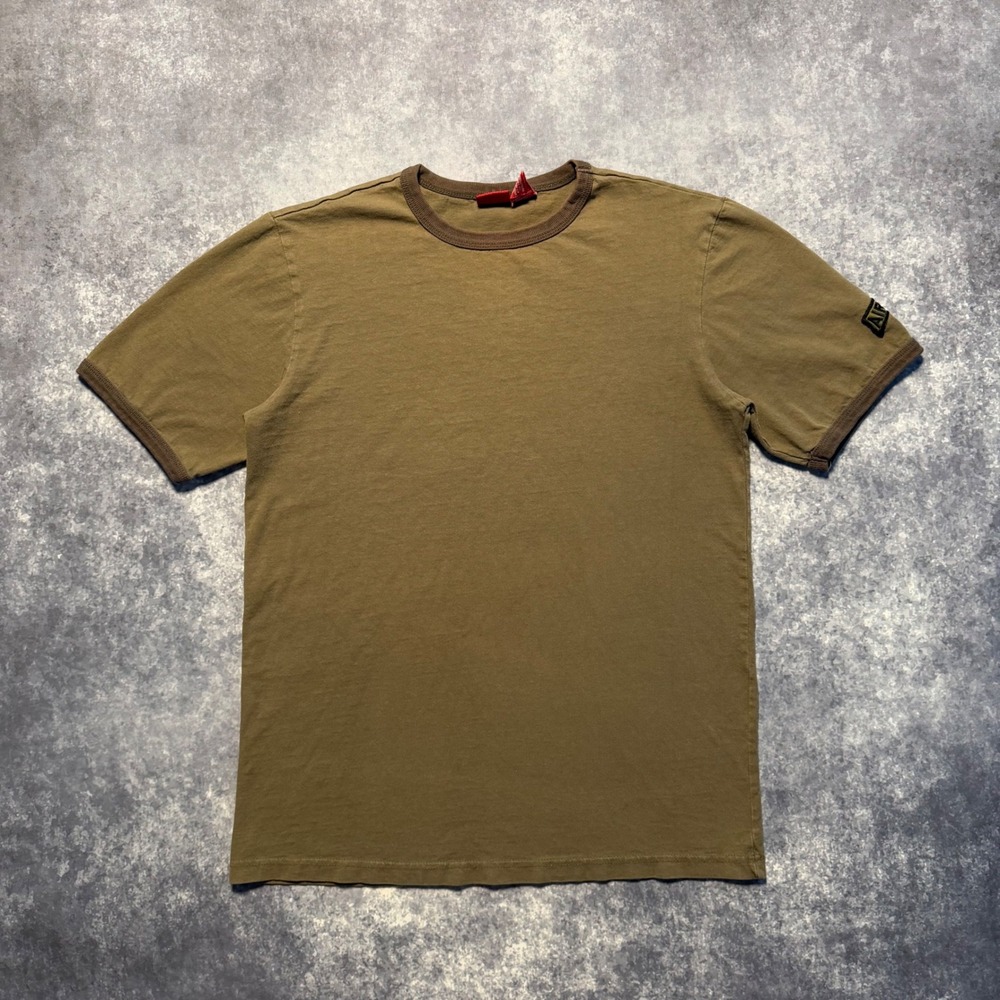 Vintage 90s Mossimo Mens Small Olive Green Airborne Sleeve Patch Ringer T-Shirt